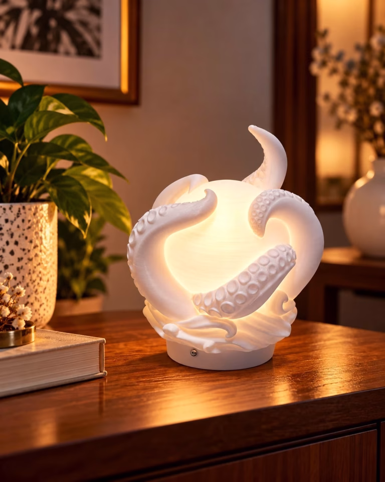 Ahtapot Tasarımlı Şarjlı LED Gece Lambası – 3D Baskı PETG, 80 Saate Kadar Kullanım