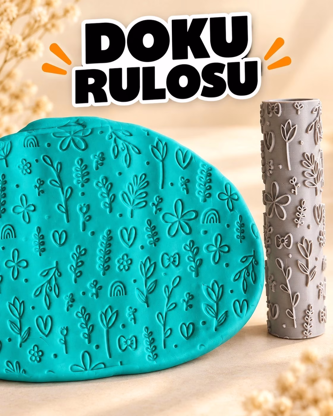 Çiçek ve Yaprak Deseni Seramik Hamur Doku Rulosu