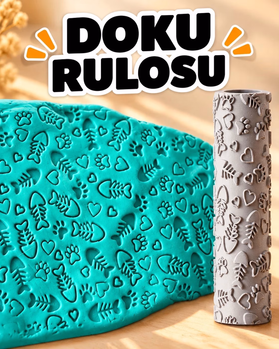 Kalp, Balık ve Pati Deseni Seramik Hamur Doku Rulosu